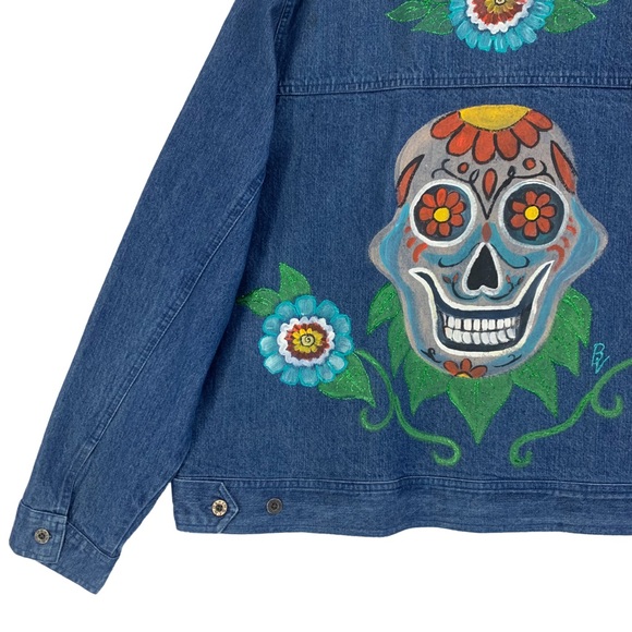 Hand Painted Blue Denim Jeans Jacket with Sugar Skull and Floral Motif - Picture 3 of 15